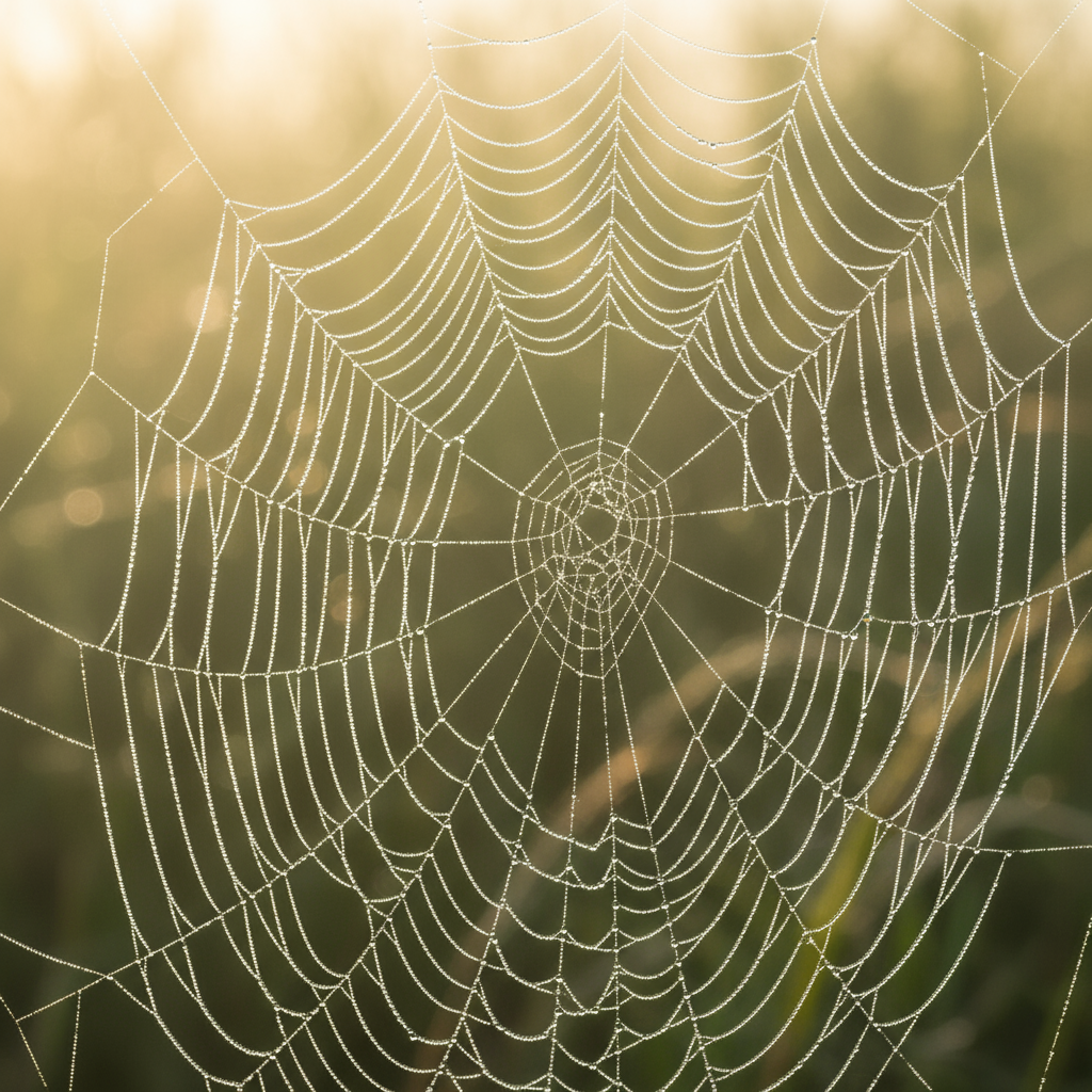 A close up of a spider web with dew in the morning light, no spider visible
